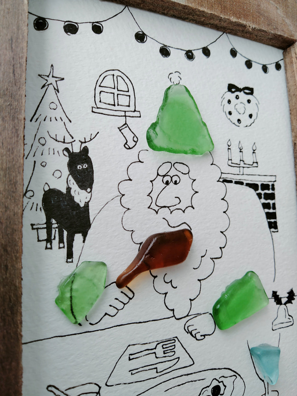 シーグラスアート「チキン」　ミニ額　イラスト　クリスマスツリー　クリスマス　サンタクロース　プレゼント　チキン　トナカイ 3枚目の画像