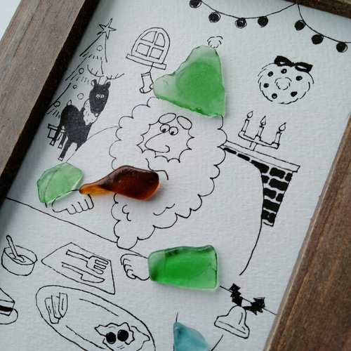 シーグラスアート「チキン」 ミニ額 イラスト クリスマスツリー