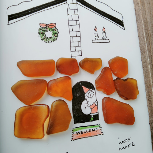 シーグラスアート「チラリ登場」 ミニ額 イラスト クリスマスツリー