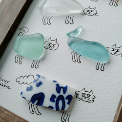 シーグラスアート「猫たち」　ミニ額　イラスト 2枚目の画像