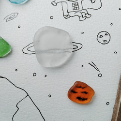 シーグラスアート「宇宙遊泳」　ミニ額　イラスト　犬　月　地球　惑星　星　流れ星　宇宙飛行士　宇宙　ロケット 5枚目の画像