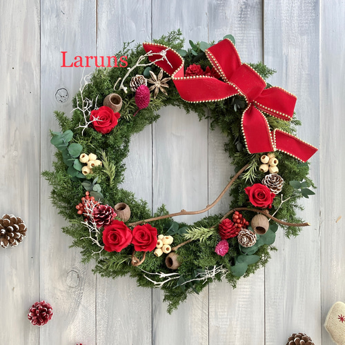 聖夜の森のリース（大） 赤のローズ付き クリスマスリース