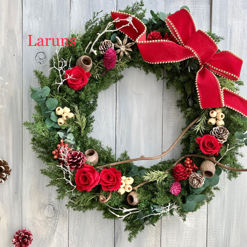聖夜の森のリース（大） 赤のローズ付き クリスマスリース