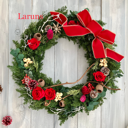 聖夜の森のリース（大） 赤のローズ付き クリスマスリース