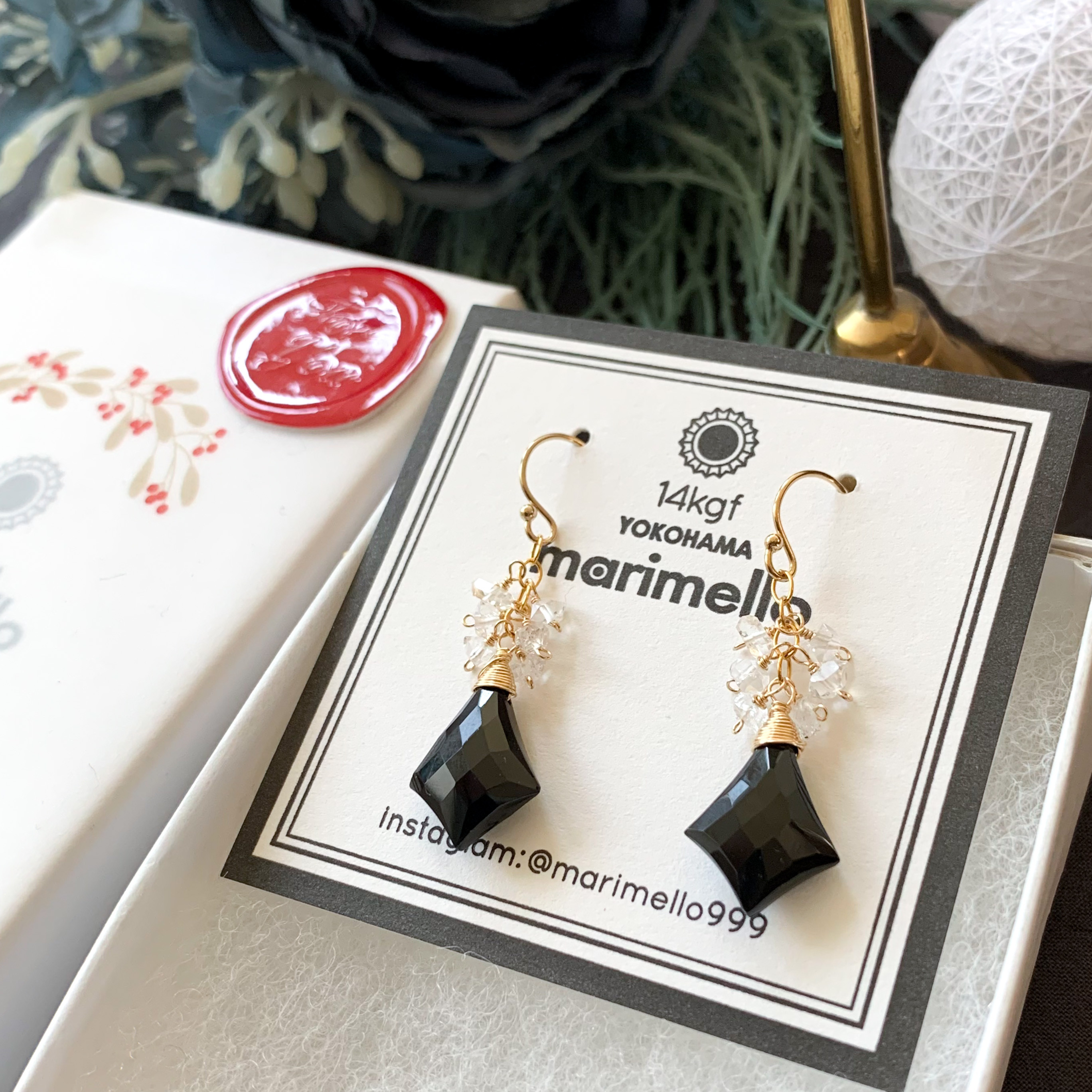 14kgf*ブラックスピネルとハーキマーダイヤモンドクォーツのピアス／イヤリング*