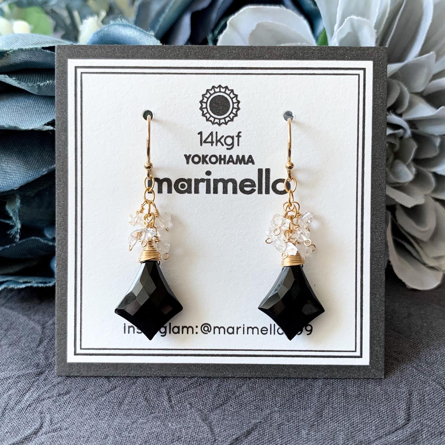 14kgf*ブラックスピネルとハーキマーダイヤモンドクォーツのピアス／イヤリング*