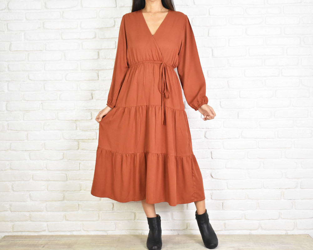 カシュクールティアードワンピース　＜テラコッタ＞