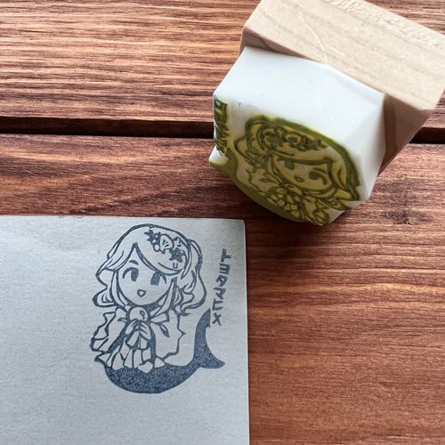 消しゴムはんこ　ちびムーン様 切り絵風紫陽花の消しゴムはんこ（持ち手つき）押し方見本＆説明
