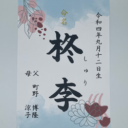 送料無料【楷書】全て筆文字手書き命名書　デザイン全8種　オーダーメイド 代筆 A4サイズ ご誕生記念アート プレゼント 10枚目の画像