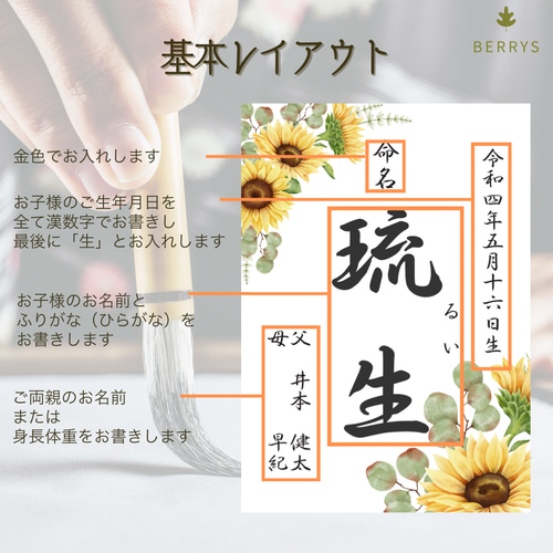 送料無料【行書】全て筆文字手書き命名書 デザイン全8種