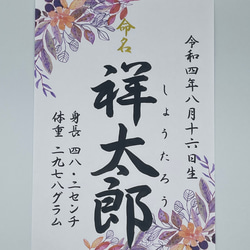 送料無料【行書】全て筆文字手書き命名書　デザイン全8種　オーダーメイド 代筆 A4サイズ ご誕生記念アート プレゼント 16枚目の画像