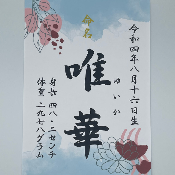 送料無料【行書】全て筆文字手書き命名書　デザイン全8種　オーダーメイド 代筆 A4サイズ ご誕生記念アート プレゼント 9枚目の画像