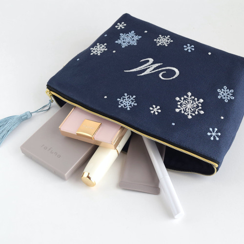 選べるイニシャル】雪の結晶刺繍ポーチ & 刺繍ハンカチのセット 母の日