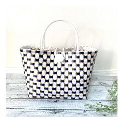 受注制作】プラかごバッグ ダイヤ柄 Mサイズ ネイビー系 プラカゴ pp