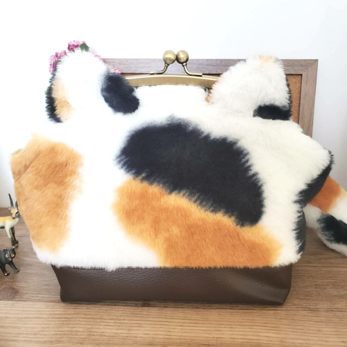 三毛猫 猫耳 しっぽ付き がま口 猫型 バッグ 2way ネコ 猫 ボア