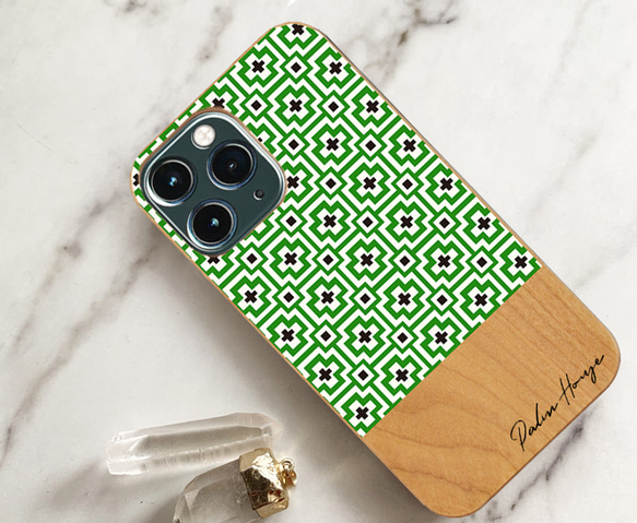 天然木♡名入れ♪MOSAIC WOOD iPhoneケース Green×Black 3枚目の画像