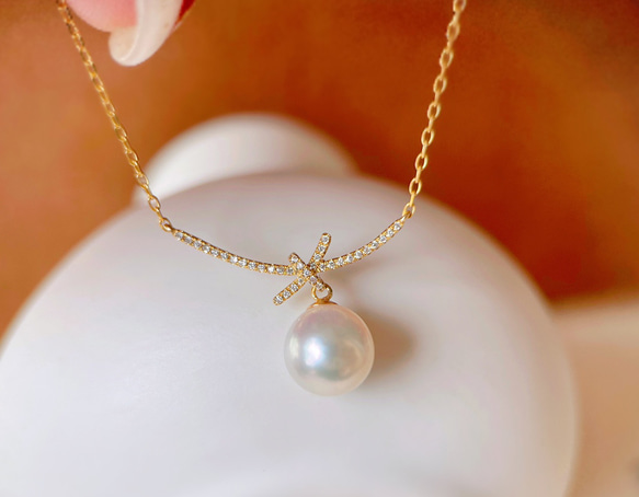 高級】あこや真珠 リボンモチーフネックレスk18 ネックレス  