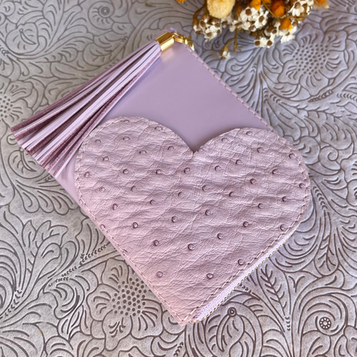 ミニ財布 L字ファスナー ハート ポケット♡ オーストリッチ ♡ペールラベンダー ☆再販いたしました☆ ミニ財布 コンパクト L字ファスナー ハート