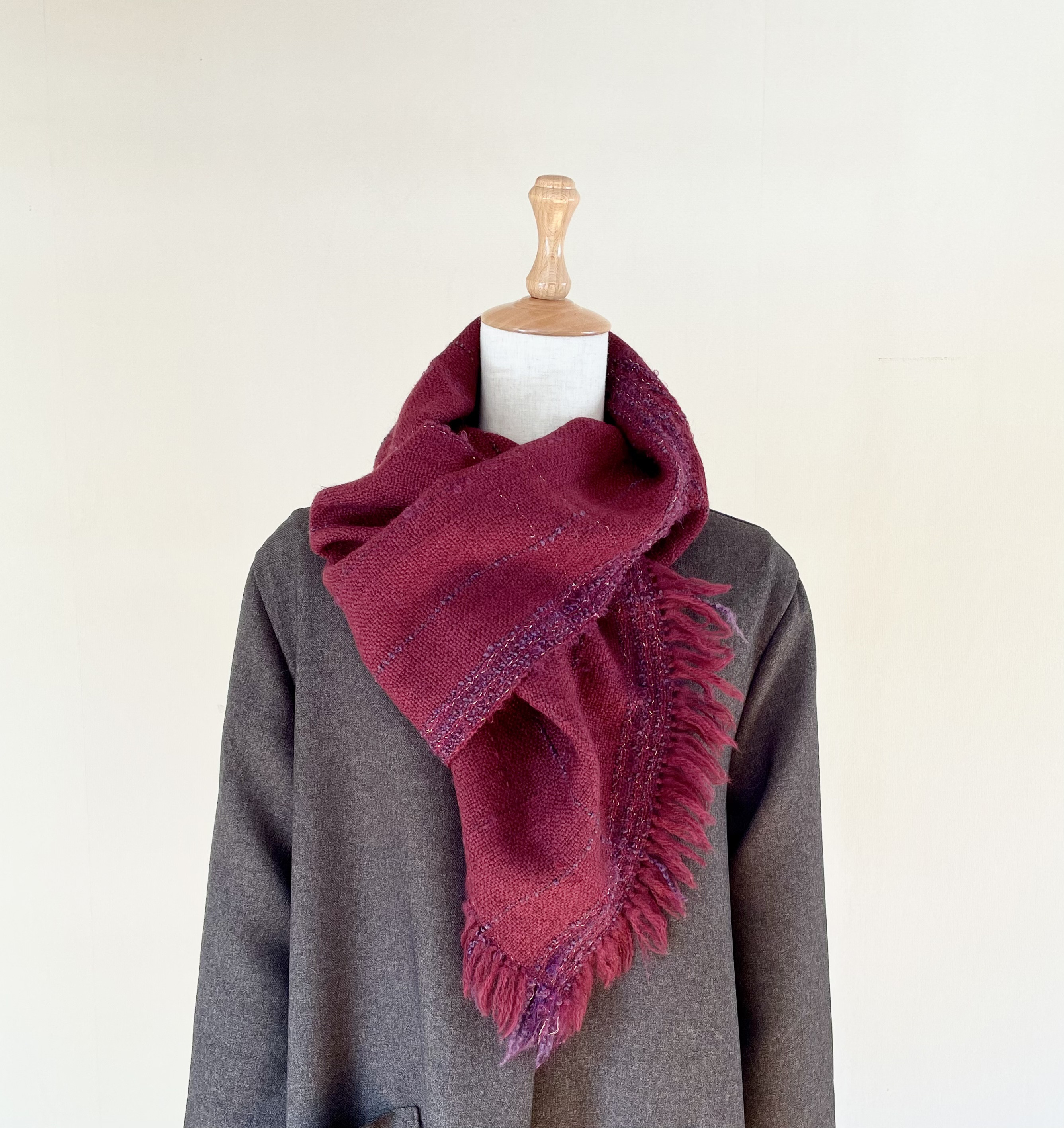 【再販】2way 輪の手織りストール　ワインレッド