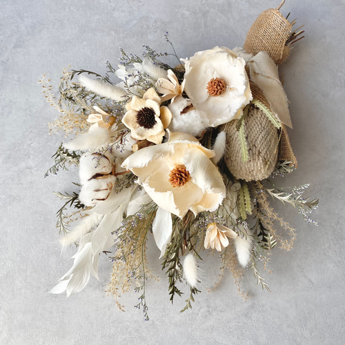 パームフラワーとコットンのドライフラワースワッグ/ミニブーケ  