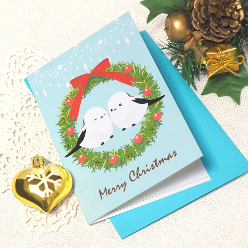 クリスマスカード リースとシマエナガ メッセージカード Tsukioto 瀬名
