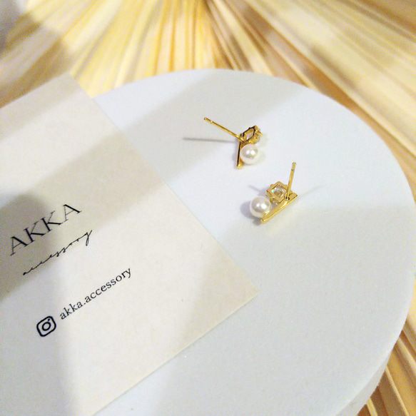 18kgp◆Pearl & square stone earrings      パールとジルコニアのシンプルイヤリング 16枚目の画像