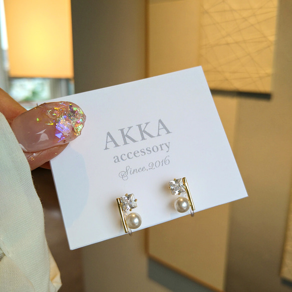 18kgp◆Pearl & square stone earrings      パールとジルコニアのシンプルイヤリング 2枚目の画像