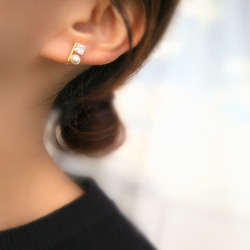 18kgp◆Pearl & square stone earrings      パールとジルコニアのシンプルイヤリング 11枚目の画像