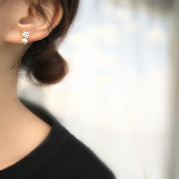 18kgp◆Pearl & square stone earrings      パールとジルコニアのシンプルイヤリング 10枚目の画像