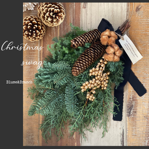 オレゴン産モミの木とヒバのナチュラルChristmasスワッグ〜 ゴールド