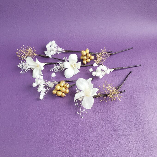 デンファレ 蘭 ゴールド 水引 カスミソウ 髪飾り ヘア飾り 成人式 結婚  