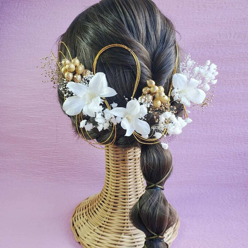 デンファレ 蘭 ゴールド 水引 カスミソウ 髪飾り ヘア飾り 成人式 結婚  