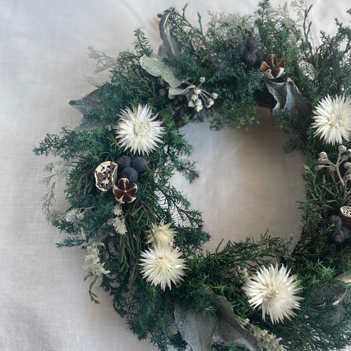 針葉樹の冬のリース 〜ほの白い光シルバーデイジー プリザーブド