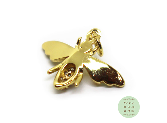 虹色の羽根のリアルな蜜蜂の真鍮製半立体チャーム（マイクロパヴェキュービックジルコニア/ゴールド）#CCZ-0022 2枚目の画像