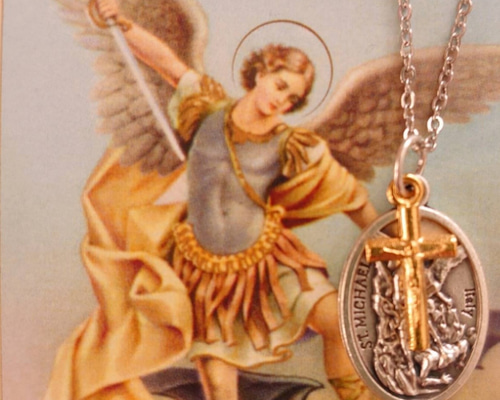 大天使ミカエル×キリストの十字架お守りロザリオネックレス 聖ミカエル