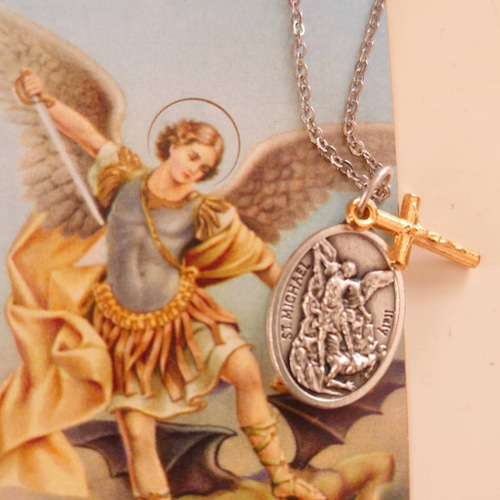 大天使ミカエル守護天使×キリストの十字架お守りロザリオネックレス 聖