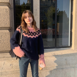 バイカラー フェアアイル柄 ウール混センター プルオーバー【秋冬春