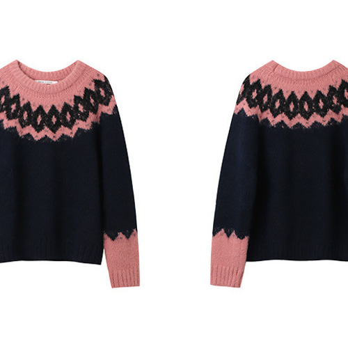 バイカラー フェアアイル柄 ウール混センター プルオーバー【秋冬春