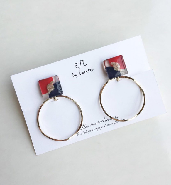 3color square hoop pierce/earring(Red×Navy) 2枚目の画像