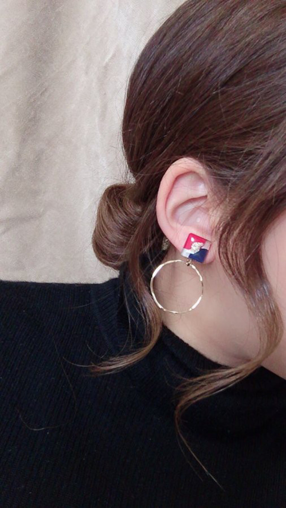 3color square hoop pierce/earring(Red×Navy) 3枚目の画像