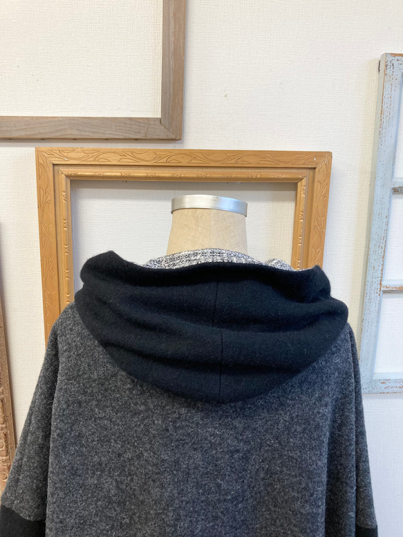 促銷價 ★ 時尚雙色 ❤️ 粗花呢羊毛蝙蝠派克大衣黑灰色（尺碼從 L 到 LL） 第12張的照片