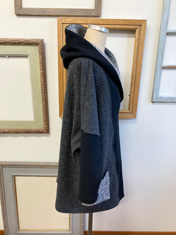 促銷價 ★ 時尚雙色 ❤️ 粗花呢羊毛蝙蝠派克大衣黑灰色（尺碼從 L 到 LL） 第10張的照片