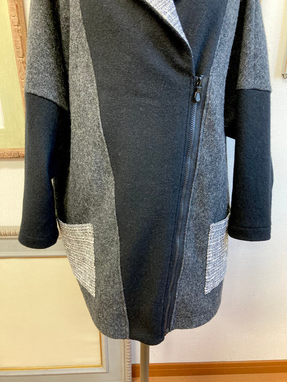 促銷價 ★ 時尚雙色 ❤️ 粗花呢羊毛蝙蝠派克大衣黑灰色（尺碼從 L 到 LL） 第5張的照片