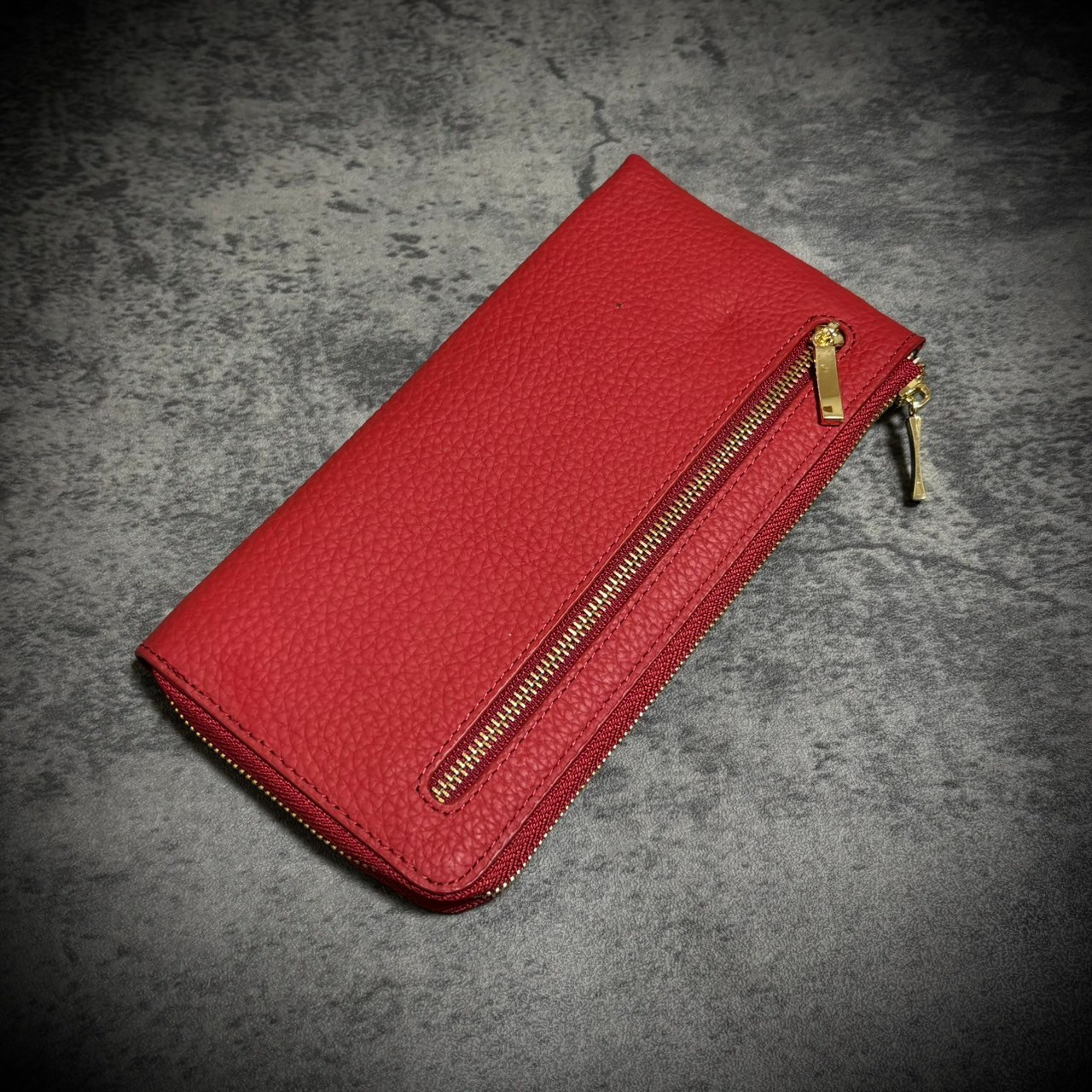 【超軽量＆大容量】 牛革 シュリンクレザー L字ファスナー 長財布 薄型 コンパクトカード12枚収納 本革 レッド 赤