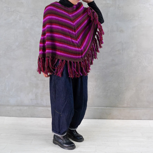 冬に大人可愛い‼️【手編みニット】 ポンチョ パープルピンク ニット