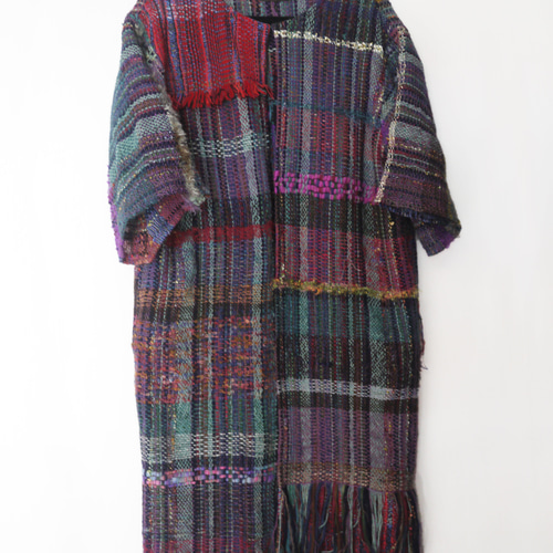 個性的】さをり織りの艶やかカラフルロングコート ノーカラー コート