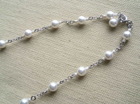 米色/水晶玻璃珍珠與鏈條 5way 項鍊 第9張的照片