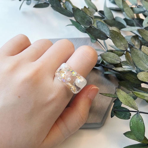 クリアリング 指輪 レジン 淡色 シェル No.09 ラテ ハンドメイド パールとレジンのクリアリング 指輪・リング soupir 通販