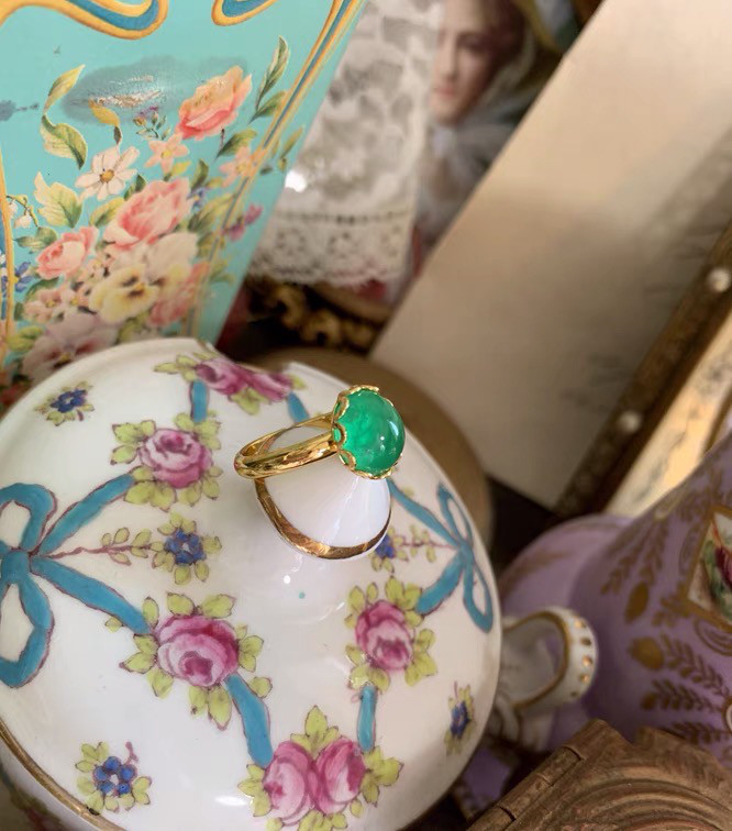 オアシス 人工エメラルド グリーン ウエスタンアンティーク オールドガラスストーンリング レトロ 緑色 オーバル
