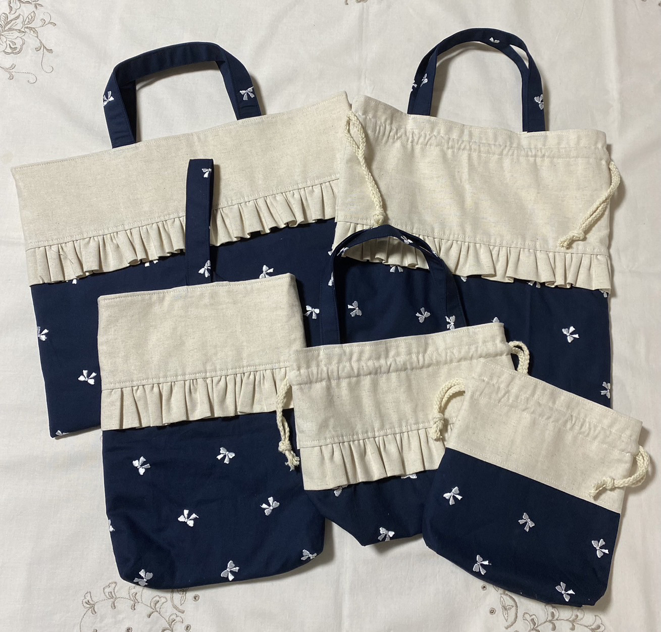 かわいいフリル刺繍リボン柄☆ネイビー5点セット